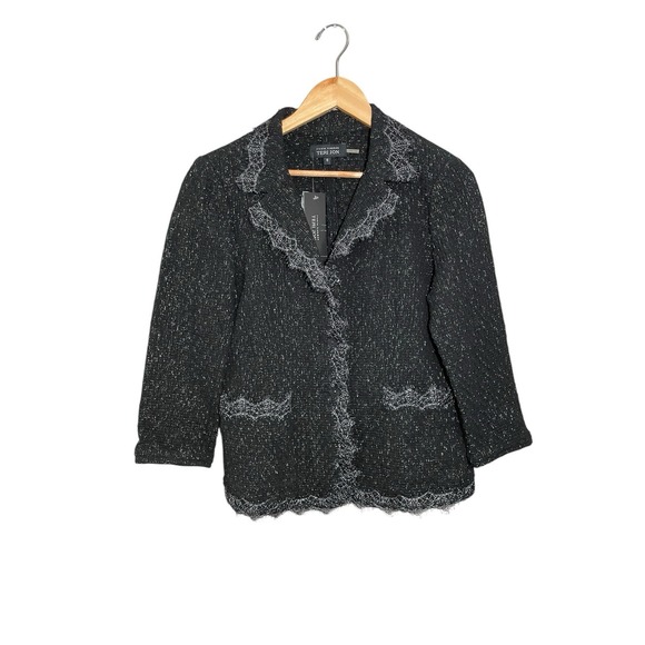Rickie Freeman Teri Jon Blazer Jacket Shimme Pockets Sz 10 Black Silver Lace NWT - Picture 1 of 10